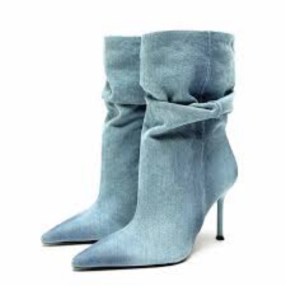 NEW Zara Denim Slouch Heeled Boots